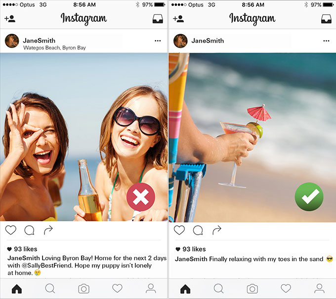Comparison of two instagram posts of a person on holiday explaining what information to omit from social media posts