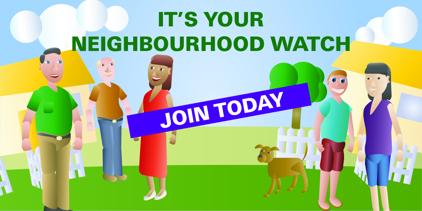 Community members talking with the text "It's your Neighbourhood Watch - Join today"