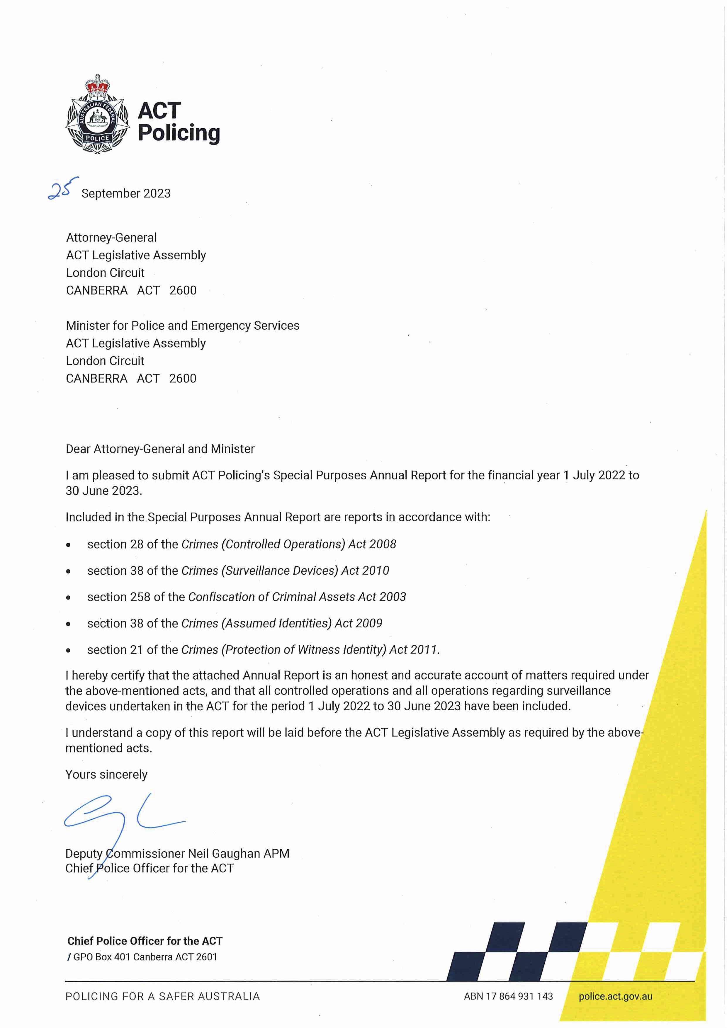 Letter of transmittal signed by Deputy Commissioner Neil Gaughan APM – Chief Police Officer for the ACT.